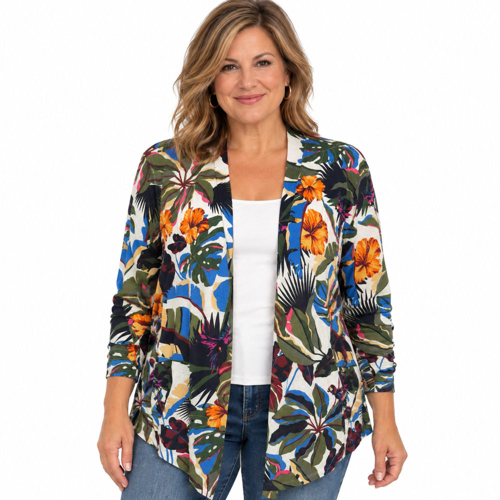 Chicos Thin Floral Open Cardigan Cotton Blend Sweater Long Sleeve Colorful 3 XL